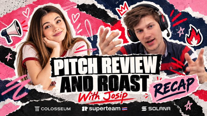 A YouTube thumbnail for a video titled 'PITCH REVIEW AND ROAST With Josip RECAP' featuring two people, sponsored by Colosseum, Superteam, and Solana.