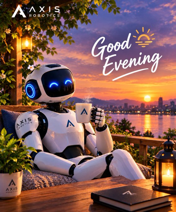 A humanoid robot labeled 'AXIS ROBOTICS' relaxes with a mug at sunset, with 'Good Evening' written in the sky.