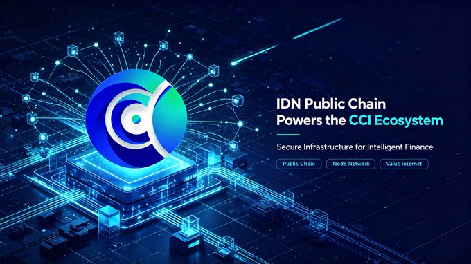 A futuristic blue digital graphic displays a glowing "C" logo resembling a circuit board emerging from a network of illuminated nodes and circuit-like pathways, alongside text reading "IDN Public Chain Powers the CCI Ecosystem - Secure Infrastructure for Intelligent Finance," with tags for "Public Chain," "Node Network," and "Value internet," visually representing the technological partnership between IDN's blockchain infrastructure and CCI's AI-driven minting ecosystem.