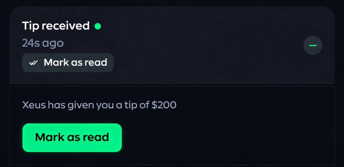 A dark-themed notification displays "Tip received" from user "Xeus" for $200, marked as received 24 seconds ago. The post encourages users to share their Solana wallets for a chance to receive a similar tip from @MrketInsider within 24 hours.