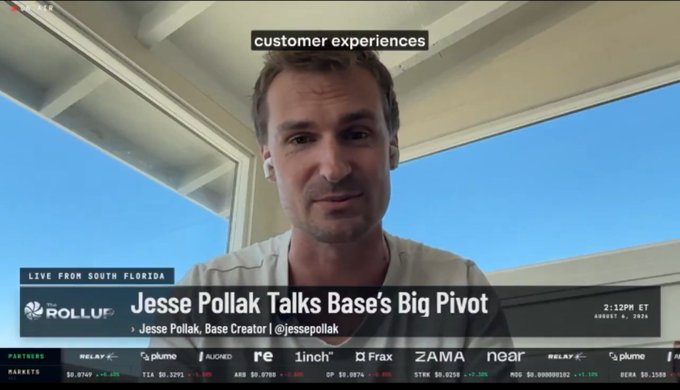 A video still from 'The Rollup' showing Jesse Pollak, Base Creator (@jessepollak), speaking in a segment titled 'Jesse Pollak Talks Base's Big Pivot', broadcast live from South Florida.