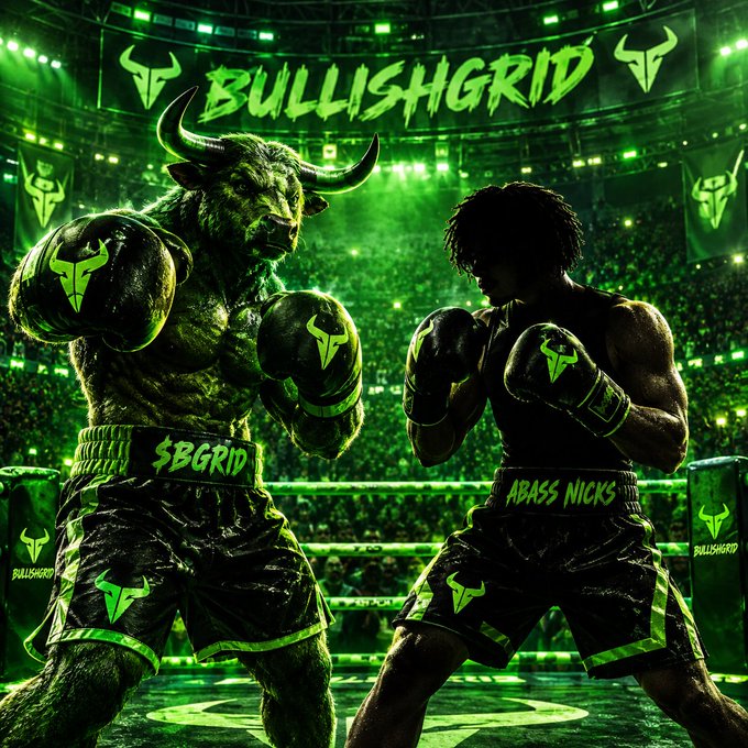 A green-tinted digital artwork showing a bull and a boxer facing off in a boxing ring, with 'BULLISHGRID' text and '$BGRID' branding on the shorts.
