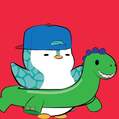 An illustration of a penguin mascot wearing a blue backwards cap riding a green dinosaur on a red background.