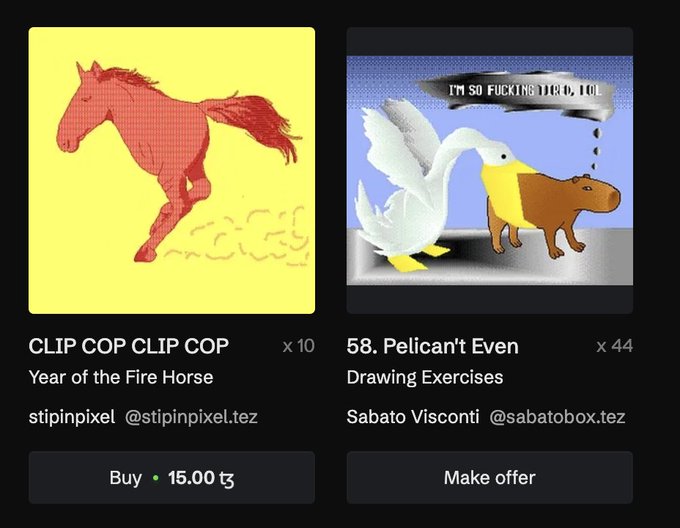 An NFT marketplace screenshot showing two digital art pieces: 'CLIP COP CLIP COP - Year of the Fire Horse' by stipinpixel and 'Pelican't Even - Drawing Exercises' by Sabato Visconti.