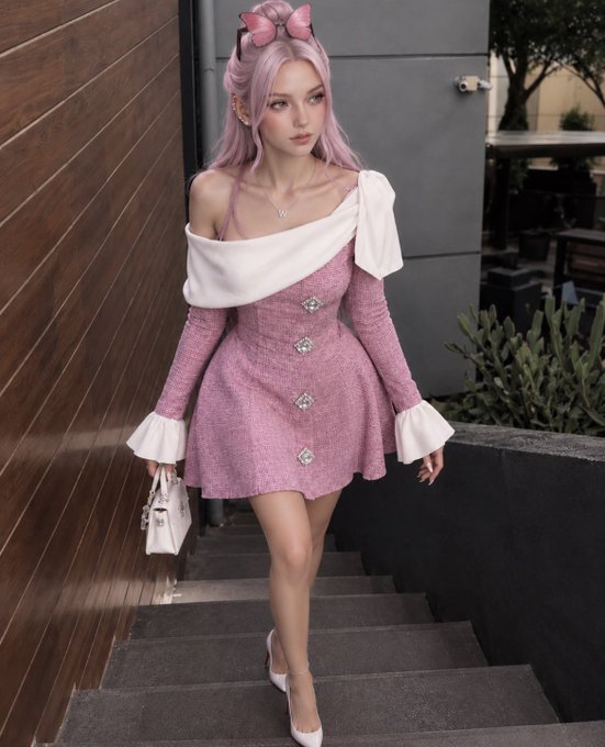 A woman with long pink hair wearing a matching pink sparkly off-shoulder mini dress with white accents and a pink bow, walking down stairs while holding a small white handbag.