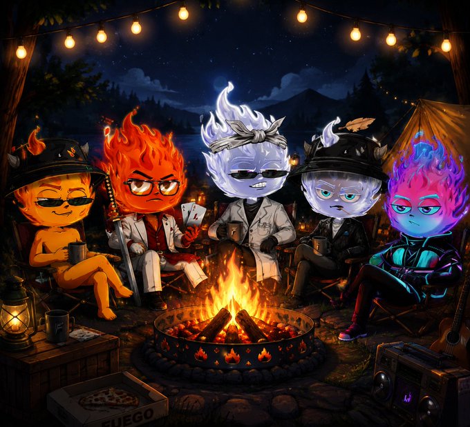 A vibrant digital artwork of five flame-headed cartoon characters gathered around a campfire at night, with a pizza box labeled 'FUEGO' and string lights overhead.