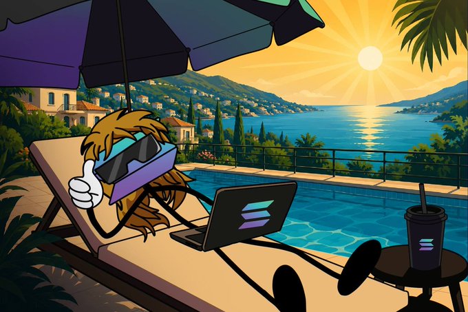 A cartoon illustration of a character wearing a VR headset, lounging by a pool with a laptop featuring a Solana logo, enjoying a sunset over the ocean.