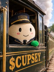 A white, round, smiling mascot character wearing a conductor's hat sits inside a vintage train car labeled '$CUP$EY'.