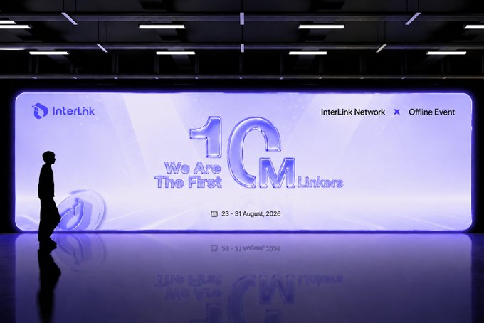 A silhouetted figure stands before a large illuminated event banner from "InterLnk Network" celebrating "We Are The First 10M Linkers," scheduled for 23-31 August, 2026, as the platform prepares to host offline gatherings across multiple countries including India, Korea, Indonesia, Nigeria, Bangladesh, and Pakistan.