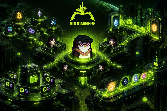 A green-toned promotional graphic for 'HOOMINERS' cryptocurrency mining featuring a central pixelated character wearing sunglasses, surrounded by mining rigs, Bitcoin and Ethereum logos, and multiple miner avatars on a futuristic circuit board platform.