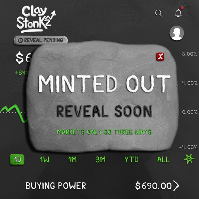 The image shows a Robinhood-style app screen from "Clay StonKz" featuring a clay tablet overlay that reads "MINTED OUT — REVEAL SOON — MARKETS ONLY GO THREE WAYS," with a $690.00 buying power and a green trending chart visible behind it. The pop-up visually celebrates the fully sold-out offering noted in the post, announcing that all 6,969 of the 6,969 Clay StonKz NFTs have been minted.
