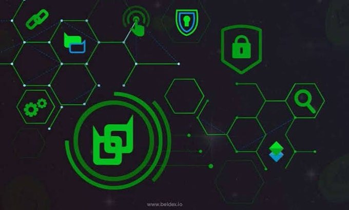 A dark digital illustration features a network of green hexagonal patterns and glowing icons—including shields, locks, gears, a folder, a magnifying glass, and a speech bubble—representing privacy-focused tools, with the watermark "www.beldex.io" displayed at the bottom, visually reinforcing the post's description of Beldex's interconnected privacy ecosystem.