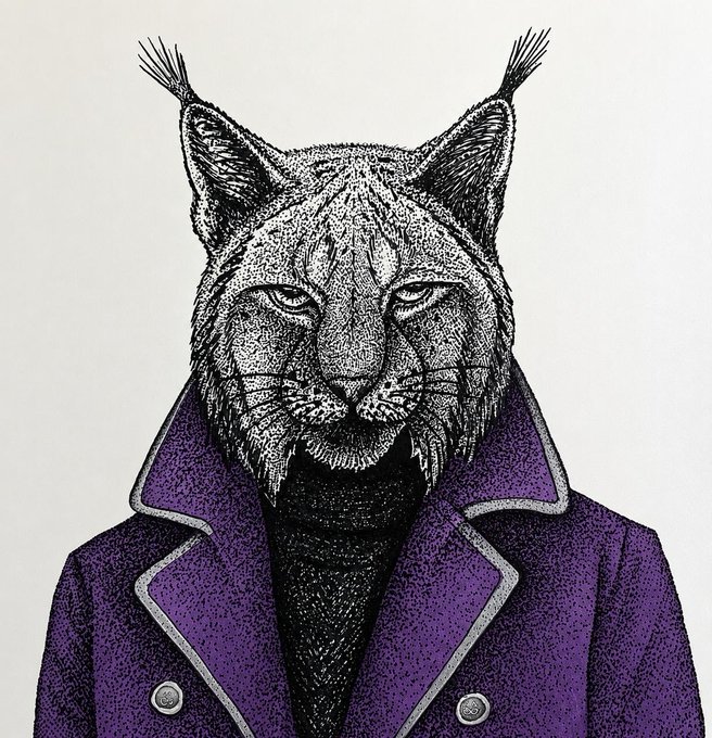 A detailed black-and-white stippled illustration depicts a lynx with distinctive ear tufts wearing a vibrant purple coat with silver-trimmed lapels and metal buttons, presented as "The Oracle" from the LEGENDS collection. The artwork's intense, knowing gaze and regal attire embody the post's theme of intuition and visionary insight.