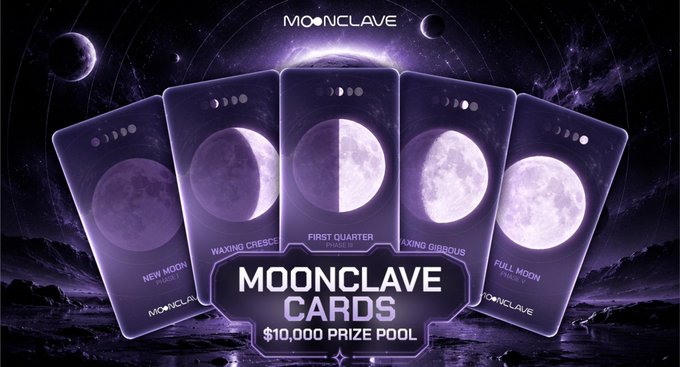 A promotional graphic for 'MOONCLAVE CARDS' featuring five moon phase cards (New Moon, Waxing Crescent, First Quarter, Waxing Gibbous, Full Moon) and a '$10,000 PRIZE POOL'.