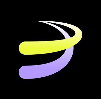 A stylized logo featuring curved yellow and purple swooshes forming a dynamic letter-like shape against a black background.