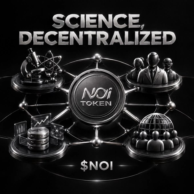 A metallic 3D-rendered graphic titled "SCIENCE, DECENTRALIZED" centered around an "NOI TOKEN" coin, connected to icons representing research (microscope/atom), professionals, data analytics, and a global community network, with "$NOI" displayed at the bottom.