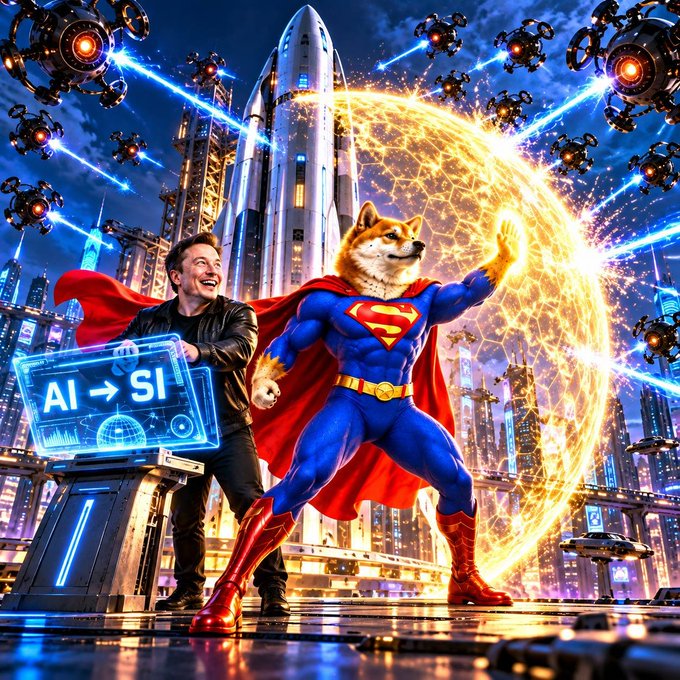An AI-generated image depicting Elon Musk and Doge (Shiba Inu dressed as Superman) standing heroically in front of a rocket and futuristic cityscape, with a holographic display reading 'AI -> SI'.