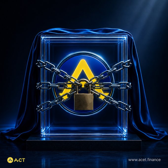 A 3D-rendered promotional image showing a glass display case covered by a blue velvet cloth, containing a glowing yellow triangular logo secured with chains and a padlock, branded 'ACT' with www.acet.finance.