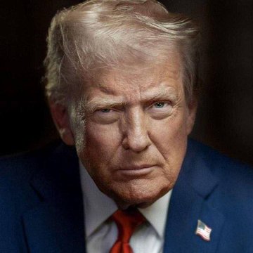 A close-up portrait of Donald Trump wearing a blue suit, white shirt, red tie, and an American flag pin on his lapel.