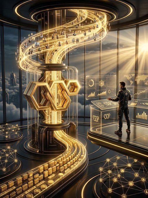 A futuristic sci-fi illustration of a person interacting with holographic data displays while overseeing a glowing, gold-toned digital infrastructure of spiraling structures and networks inside a high-tech command center.