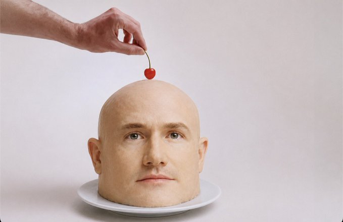 A severed head of a man rests on a plate, with a hand placing a cherry on top, visually reinforcing the post's message about the crypto community's anger toward Coinbase CEO Brian Armstrong.