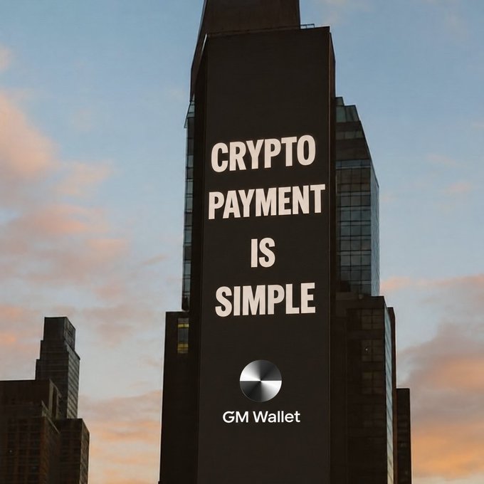 An outdoor billboard on a skyscraper against a sunset sky displays 'CRYPTO PAYMENT IS SIMPLE' with a GM Wallet logo.