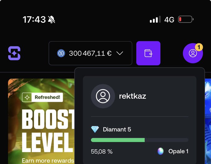 A profile menu showing the username "rektkaz" with a "Diamant 5" tier at 55.08% progress and a balance of 300,467.11 €, celebrating hitting the 300K milestone mentioned in the caption.