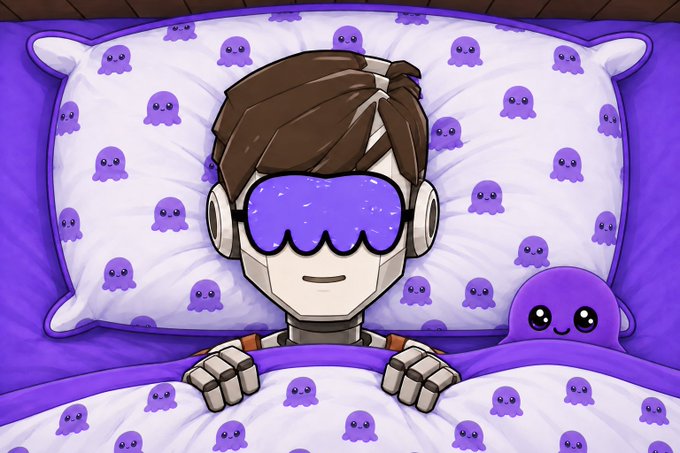 An animated character with brown hair wears a purple sleep mask and white headphones, lying in a bed with purple octopus-patterned bedding next to a small purple octopus.