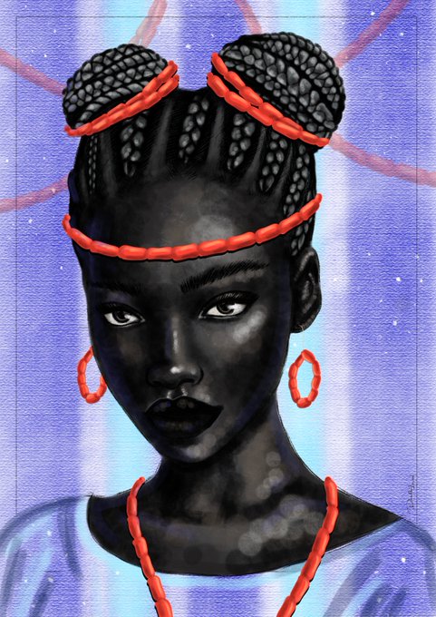 A digital painting/illustration of a Black woman with braided hair styled in buns, adorned with red beaded jewelry and a purple/blue striped garment.