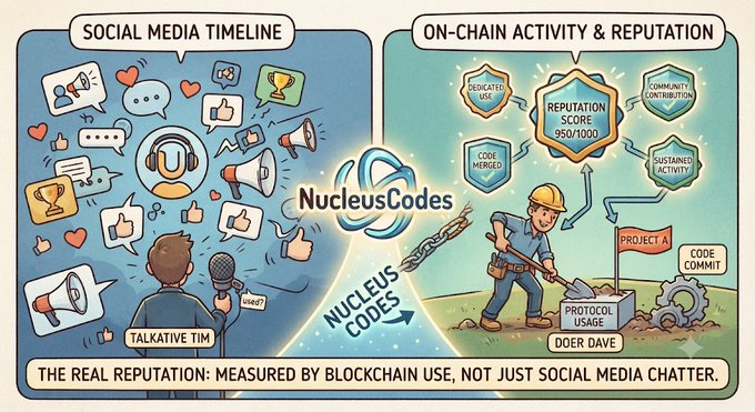 A cartoon illustration for 'NucleusCodes' compares 'Social Media Timeline' featuring 'Talkative Tim' to 'On-Chain Activity & Reputation' featuring 'Doer Dave' who earns a 'Reputation Score 950/1000' for code merging, community contribution, and protocol usage, with the tagline 'THE REAL REPUTATION: MEASURED BY BLOCKCHAIN USE, NOT JUST SOCIAL MEDIA CHATTER.'