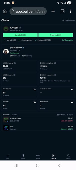 A mobile app screenshot of 'app.bulpen.fi/claim' showing ANSEM The Black Bull social media trading statistics, including 3.6K followers, $2.02 BANSEM holdings, and a leaderboard ranking of #2.02.
