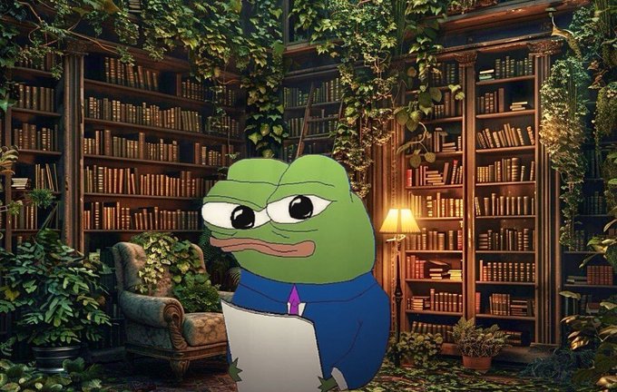 A cartoon Pepe the Frog character dressed in a blue suit and purple tie stands holding paper in a lush, plant-filled library surrounded by tall bookshelves.