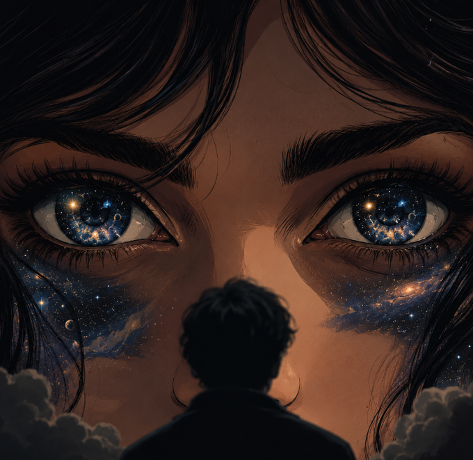 A surreal digital illustration showing a person's silhouette gazing up at a massive face whose eyes reflect galaxies and stars, with cosmic imagery mirrored on the cheeks.