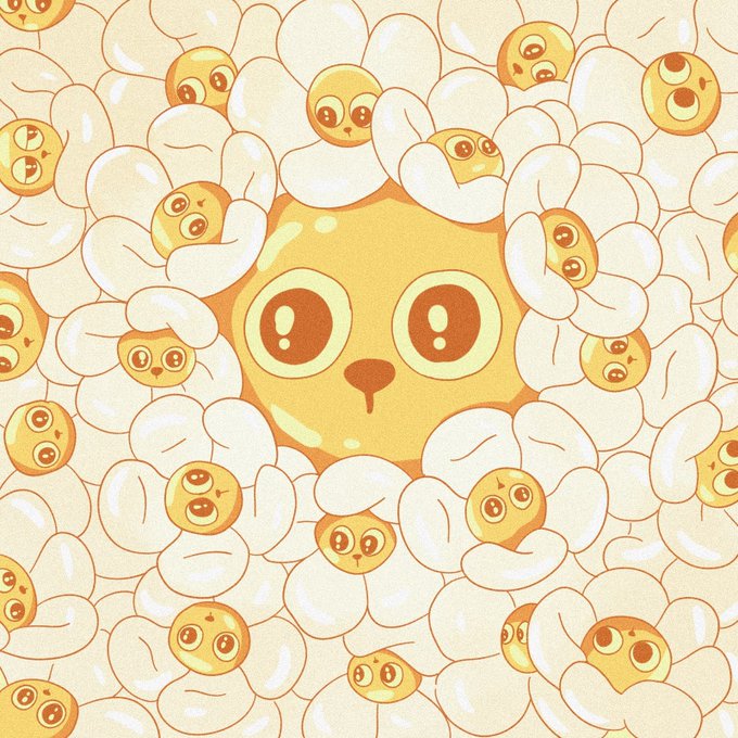 A cute, repeating cartoon pattern of yellow lion-faced characters nestled in white, cloud-like shapes on a cream background.