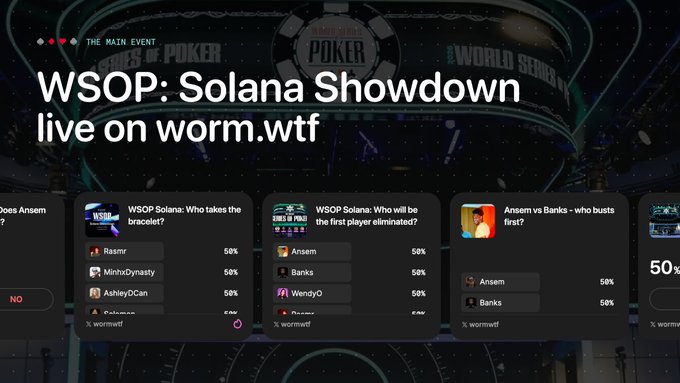 The image shows a screenshot of the "WSOP: Solana Showdown" betting market on worm.wtf, featuring predictions for who will win and who will be eliminated first. The text "WSOP: Solana Showdown live on worm.wtf" is prominently displayed.