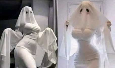 A split image showing two women wearing form-fitting white dresses with white sheets draped over their heads to resemble the classic ghost costume with eye holes cut out.