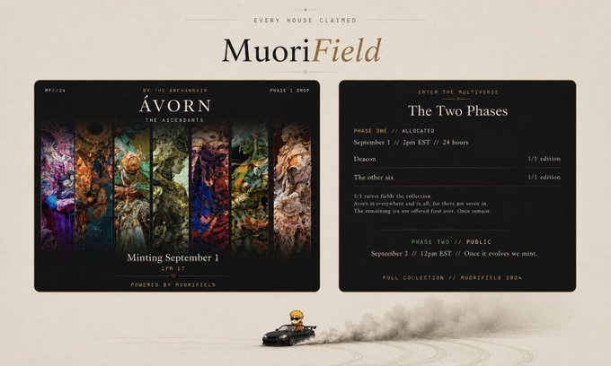 A promotional graphic for "MuoriField" featuring "The Ascendants: AVORN" NFT minting, with details on "The Two Phases" of the release on September 1.