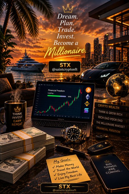 Wealth-themed promotional image with the text 'Dream. Plan. Trade. Invest. Become a Millionaire' and 'STX @saintcryptonft', featuring a yacht, luxury car, stacks of cash, a laptop showing a trading chart, and books including 'The Millionaire Mindset'.