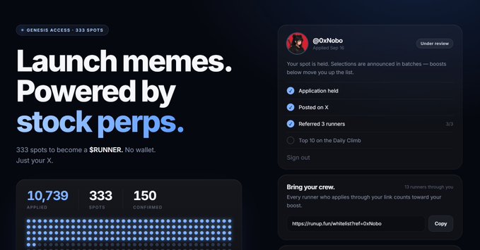 A dark-themed dashboard screenshot titled 'Launch memes. Powered by stock perps.' showing 10,739 applied, 333 spots, and 150 confirmed, with an account panel for @0xNobo and a referral link.