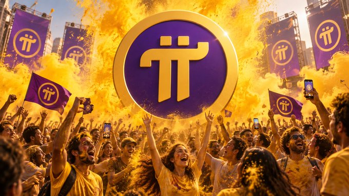 An enthusiastic crowd celebrates amid golden fireworks and clouds of yellow powder, waving purple flags emblazoned with the Pi (π) cryptocurrency logo beneath a massive Pi Network emblem, symbolizing the excitement and anticipation surrounding the September 15 launch of Protocol v27 featuring Pi DEX, Smart Contracts, and AMM after eight years of development.