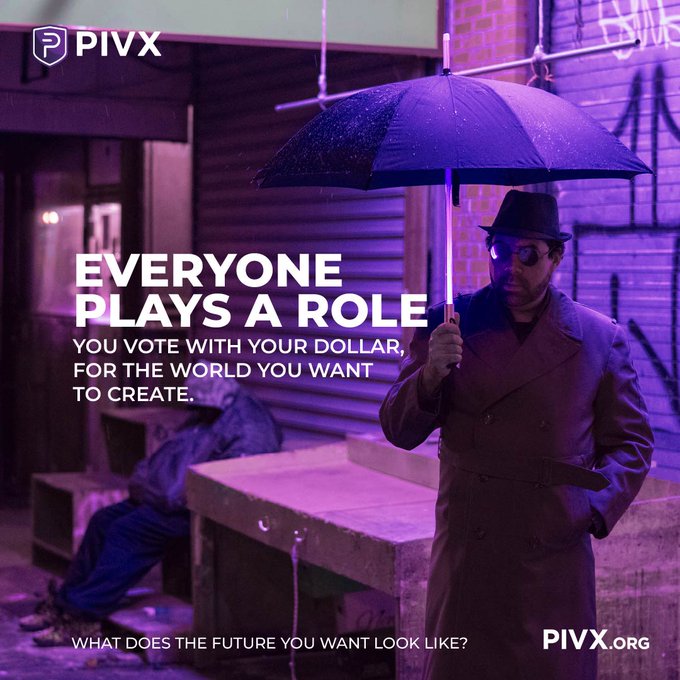 A man in a fedora, sunglasses, and trench coat holds an umbrella in a purple-lit alleyway setting for a PIVX promotional image, with the text "EVERYONE PLAYS A ROLE: YOU VOTE WITH YOUR DOLLAR, FOR THE WORLD YOU WANT TO CREATE" and "WHAT DOES THE FUTURE YOU WANT LOOK LIKE?" alongside the PIVX logo and PIVX.org URL.

The image visually reinforces the post's message about the PIVX DAO community, using the mysterious, anonymous figure to symbolize the global, privacy-focused contributors who collectively shape the future of decentralized finance through their participation.
