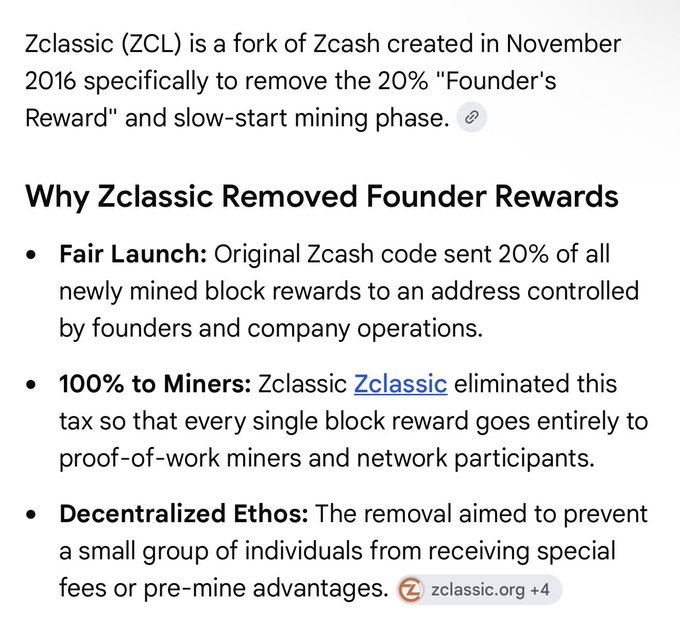 Text describing Zclassic (ZCL) cryptocurrency as a fork of Zcash from November 2016, explaining reasons for removing Founder Rewards including Fair Launch, 100% to Miners, and Decentralized Ethos.
