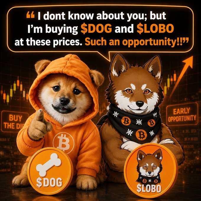This is a cartoon of two dogs, one brown and one orange, wearing hoodies and holding $DOG and $LOBO coins (or tokens). The backdrop features a graph with a market symbol. One dog is standing in front of the coin holder while the other dog sits behind it. Above the dogs' heads appears a speech bubble which reads: "I don't know about you, but I'm buying $DOG and $LOBO!".