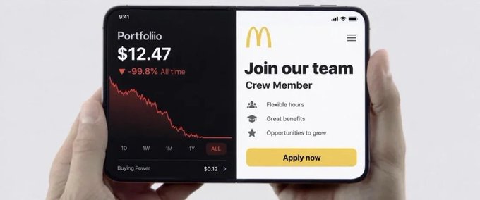 A split-screen phone display showing a Robinhood portfolio down 99.8% to $12.47 on the left and a McDonald's 'Join our team' Crew Member job application ad on the right.