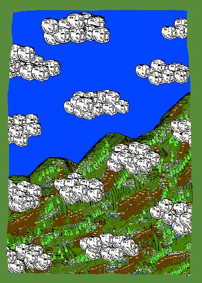 A pixelated, low-resolution landscape illustration showing blue sky filled with stone-textured clouds above a green and brown hilly terrain.