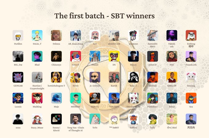 A slide titled "The first batch - SBT winners" displaying a grid of profile pictures with usernames including 0xAllen, 0xLin_T, Oduma, AJR_kun_Dong, Acri, obliv817.eth, owlmose, beyondkt8833, Falsid.eth, and many others.