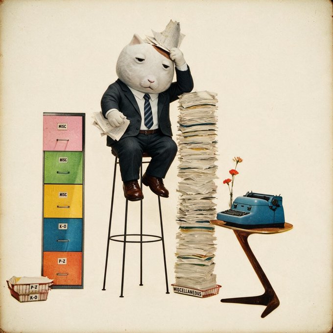 A whimsical collage-style image of a cat-headed figure in a business suit sitting on a tall stool, surrounded by tall stacks of papers, a colorful filing cabinet labeled 'MISC', 'K-O', and 'P-Z', a vintage blue typewriter, and a small wire basket.