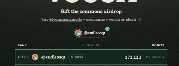 Sushi.com commons airdrop page showing a gift interface to tag @commonsmade plus username, with @endlesssq ranked #2,085 with 171,113 points.