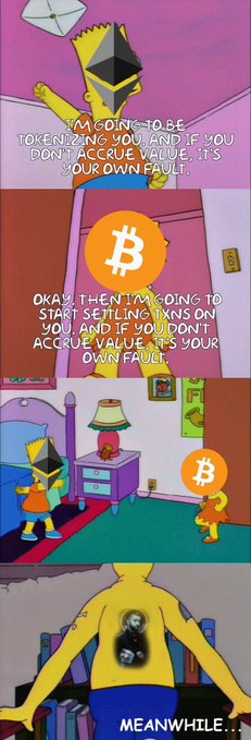 A four-panel comic strip features Bart Simpson warning about tokenizing assets, with text reading "I'M GOING TO BE TOKENIZING YOU AND IF YOU DON'T ACCRUE VALUE, IT'S YOUR OWN FAULT," followed by Bitcoin-themed responses and a final panel captioned "MEANWHILE...".