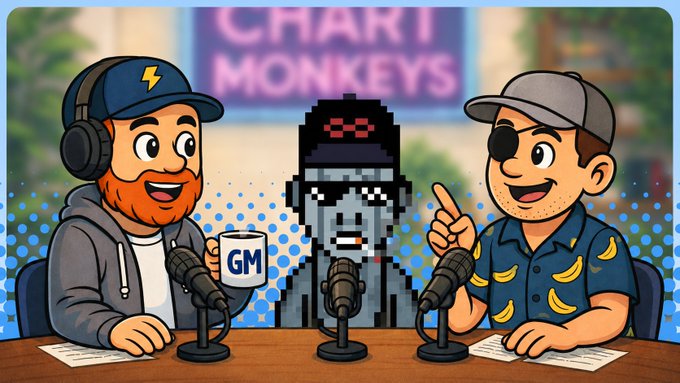 The image is a colorful cartoon illustration of two podcast hosts with orange and black hair, sitting at a desk with microphones and a pixel-art gorilla guest between them. Behind them is a neon "CHART MONKEYS" sign, and the mug in front reads "GM," matching the playful, crypto-community aesthetic of the Chart Monkeys podcast announcement.